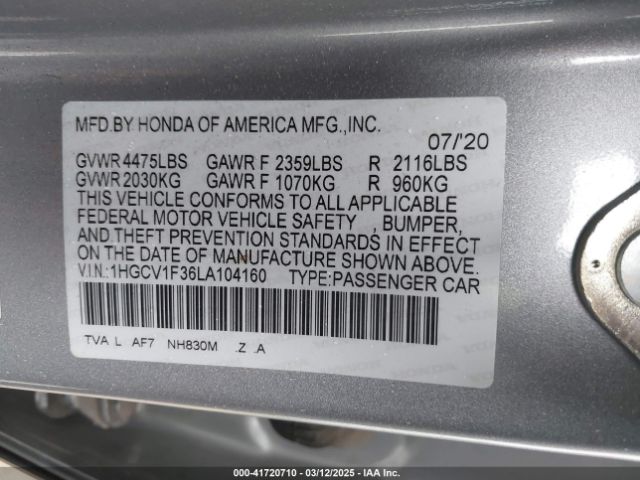 1HGCV1F36LA104160 Honda Accord Sport