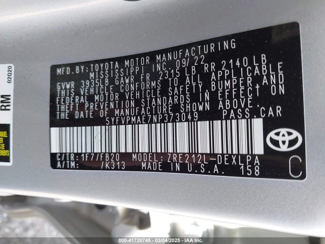 5YFVPMAE7NP373049 Toyota COROLLA LE