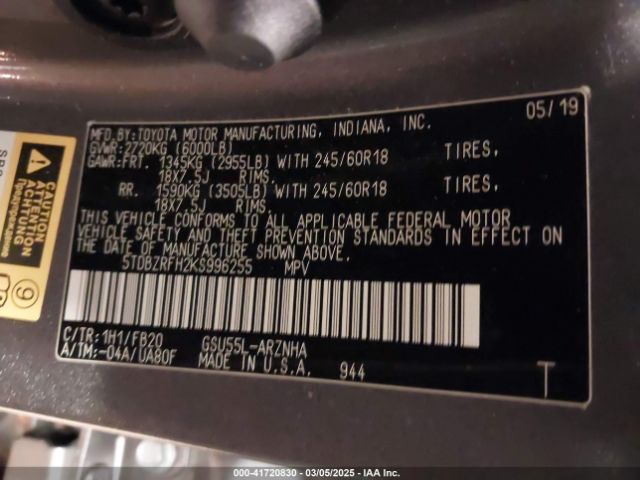 5TDBZRFH2KS996255 Toyota Highlander Le