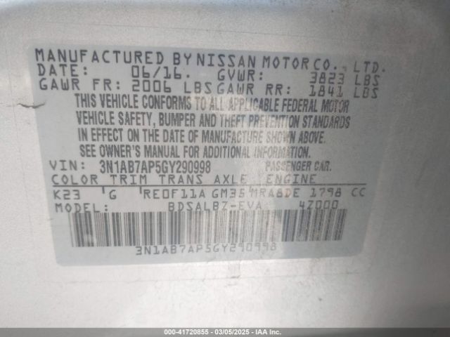 3N1AB7AP5GY290998 Nissan Sentra Fe+ S/s/sl/sr/sv