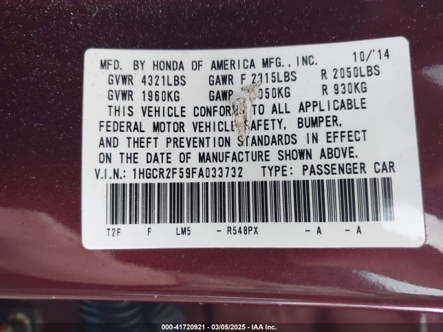 Honda Accord Sport 2015 1HGCR2F59FA033732 Image 9