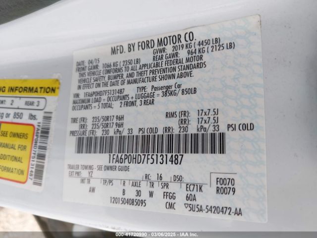 1FA6P0HD7F5131487 Ford FUSION SE