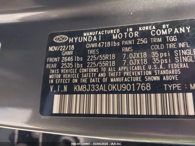 KM8J33AL0KU901768 Hyundai TUCSON SEL