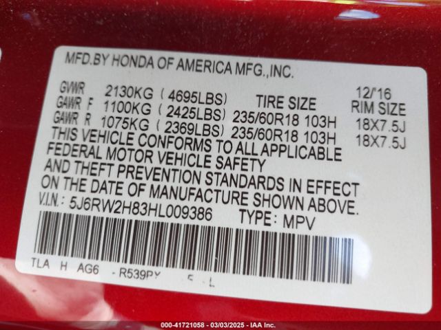 5J6RW2H83HL009386 Honda Cr-v Ex-l/ex-l Navi