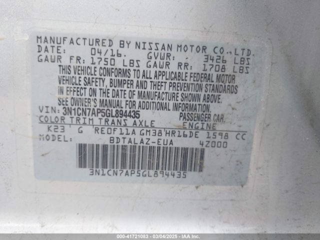 3N1CN7AP5GL894435 Nissan Versa 1.6 S+