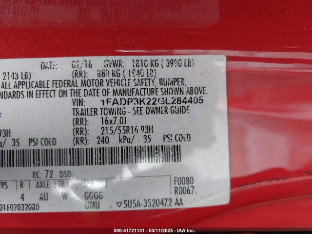 1FADP3K22GL284405 Ford FOCUS SE