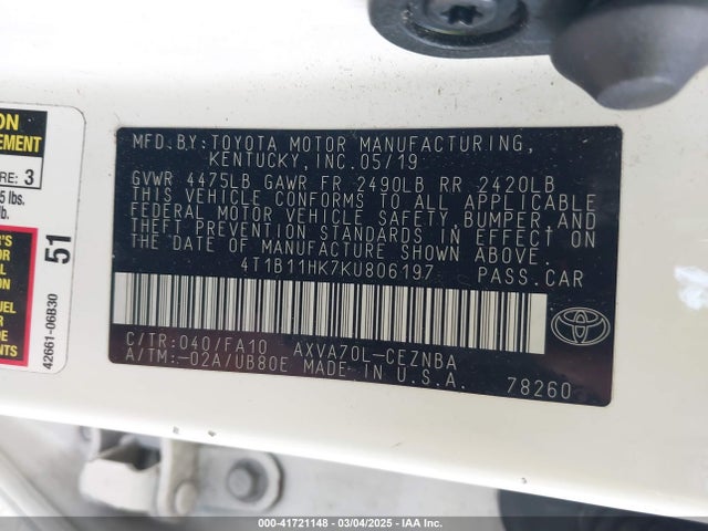 4T1B11HK7KU806197 Toyota CAMRY LE