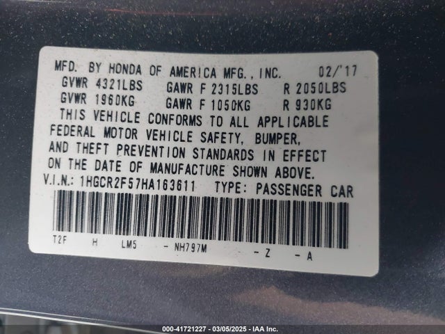1HGCR2F57HA163611 Honda Accord Sport