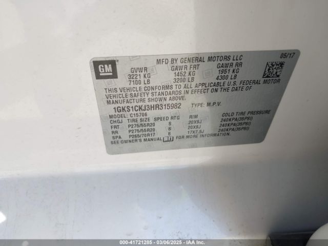 1GKS1CKJ3HR315982 GMC YUKON DENALI