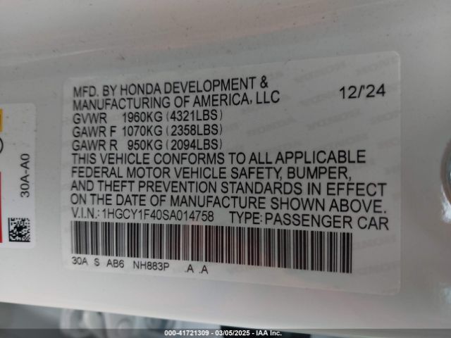 1HGCY1F40SA014758 Honda ACCORD SE
