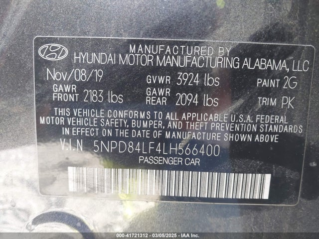 5NPD84LF4LH566400 Hyundai ELANTRA SEL