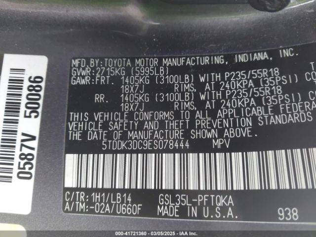 5TDDK3DC9ES078444 Toyota Sienna Xle 7 Passenger