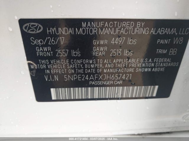 5NPE24AFXJH657421 Hyundai SONATA SE