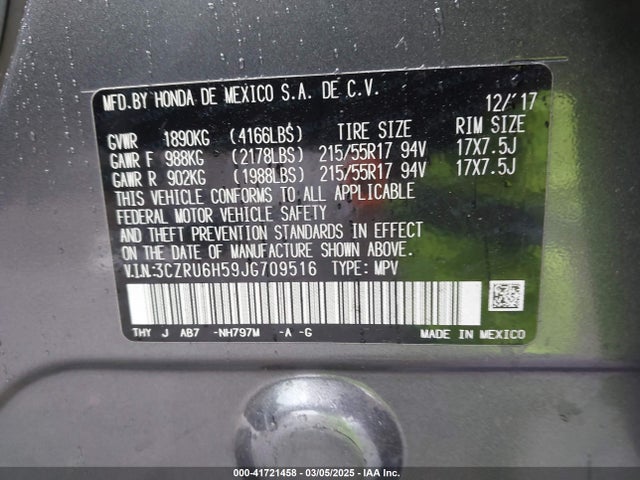 3CZRU6H59JG709516 Honda HR-V EX