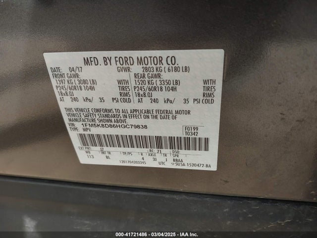 Ford EXPLORER XLT 2017 1FM5K8D86HGC79838 Image 9