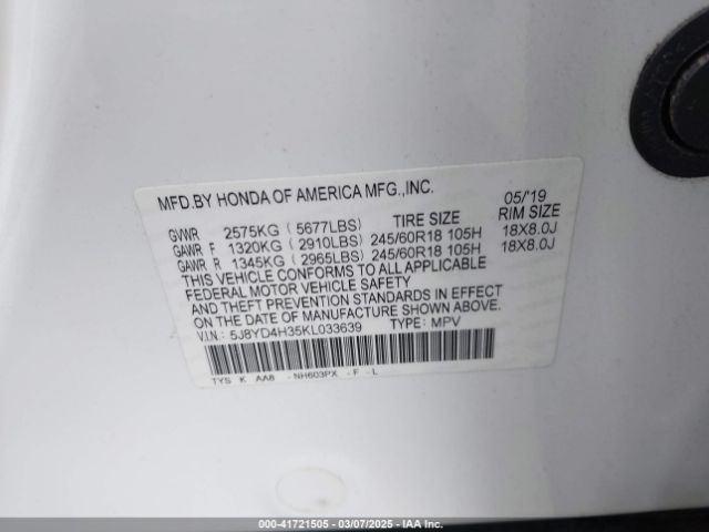 5J8YD4H35KL033639 Acura Mdx Standard