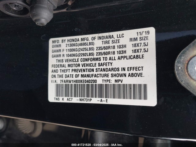 7FARW1H8XKE040200 Honda Cr-v Ex-l