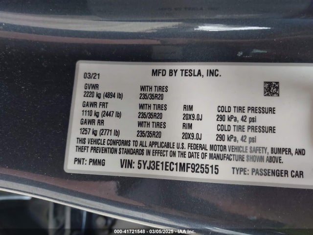 2021 TESLA MODEL 3 5YJ3E1EC1MF925515 Photo 8