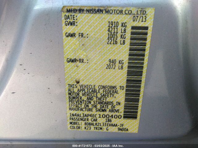 1N4AL3AP4EC100400 Nissan Altima 2.5 S