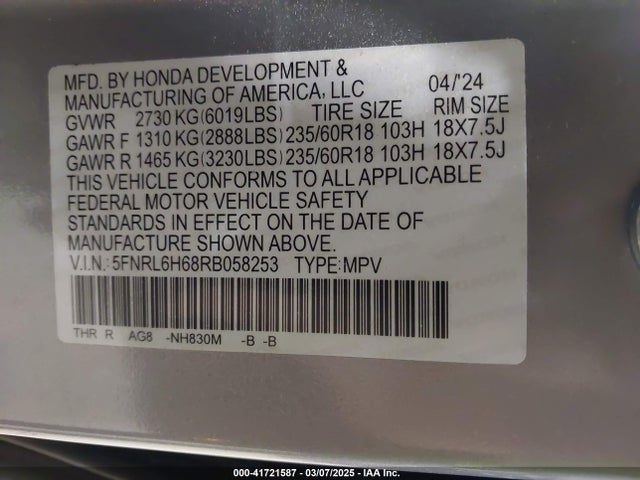 5FNRL6H68RB058253 Honda Odyssey Ex-l