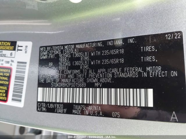 5TDKDRBH2PS015689 Toyota Highlander Le