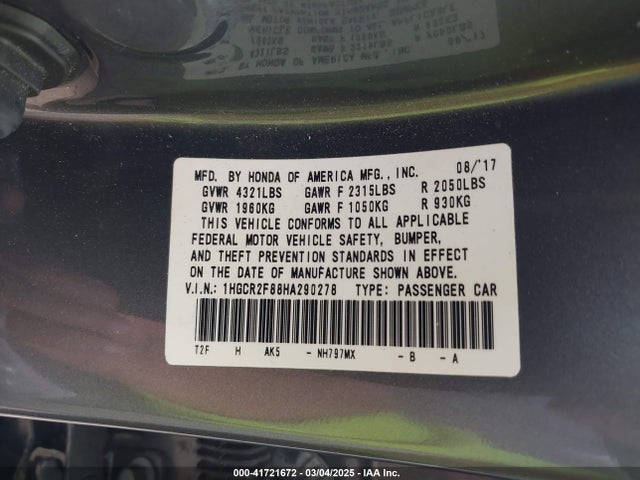 1HGCR2F88HA290278 Honda Accord Ex-l