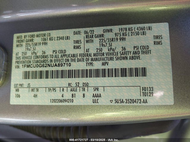 1FMCU0G62NUA89710 Ford ESCAPE SE
