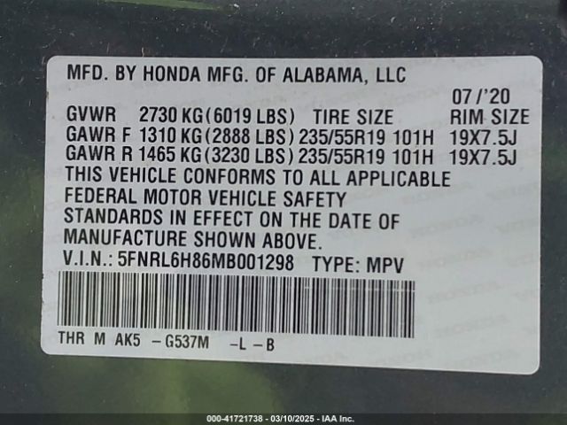 5FNRL6H86MB001298 Honda Odyssey Touring