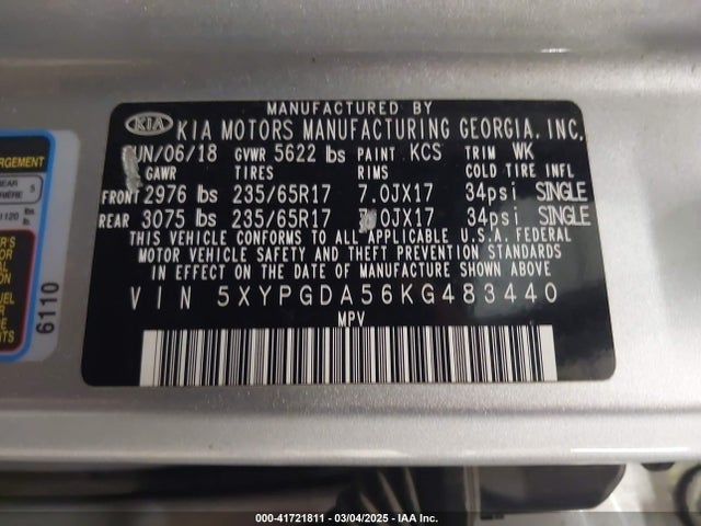 5XYPGDA56KG483440 KIA Sorento 3.3l Lx