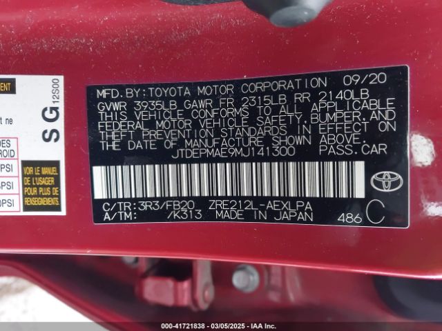 JTDEPMAE9MJ141300 Toyota COROLLA LE