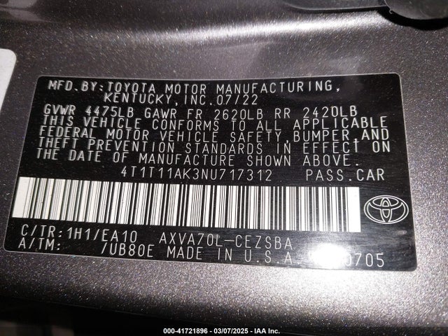 4T1T11AK3NU717312 Toyota CAMRY SE