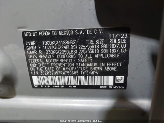 3CZRZ2H57RM750685 Honda Hr-v Awd Sport/awd Sport W/o Bsi