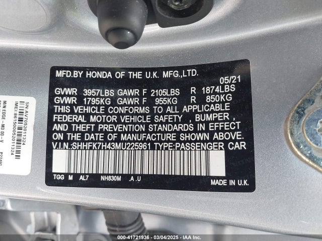 SHHFK7H43MU225961 Honda Civic Sport