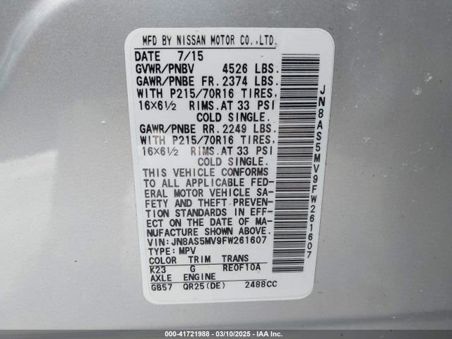 JN8AS5MV9FW261607 Nissan Rogue Select S