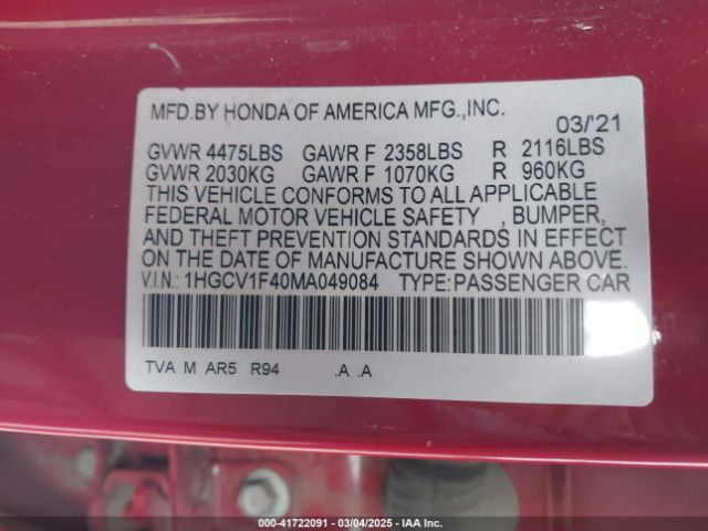 1HGCV1F40MA049084 Honda Accord Sport Special Edition