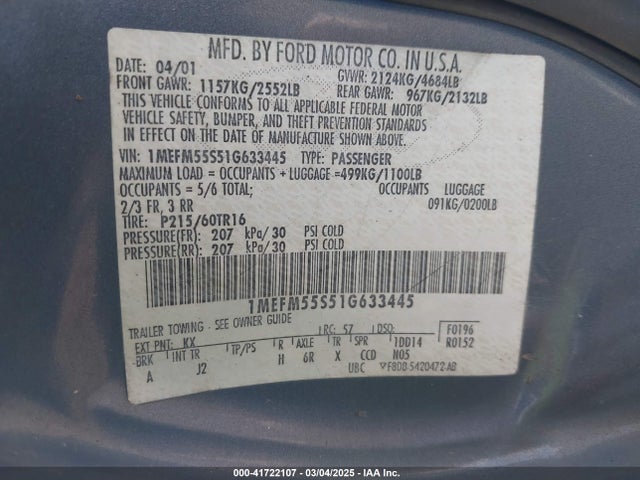 2001 Mercury Sable Ls Premium მანქანა იყიდება აუქციონზე, vin: 1MEFM55S51G633445, აუქციონის ნომერი: 41722107