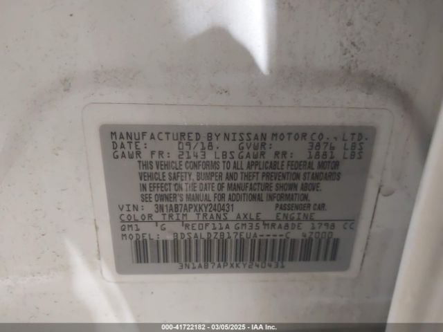 3N1AB7APXKY240431 Nissan SENTRA SV