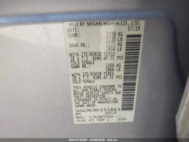 5N1AZ2MJ3KN155863 Nissan MURANO SV