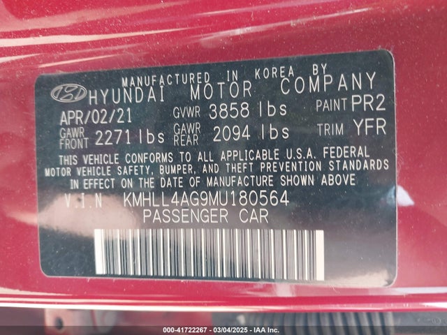 KMHLL4AG9MU180564 Hyundai ELANTRA SE