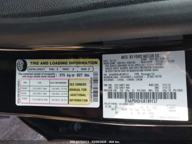 3FA6P0HD4JR189157 Ford FUSION SE