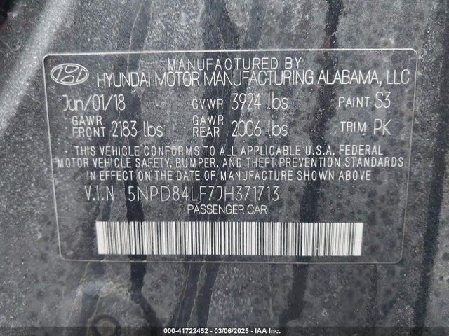 5NPD84LF7JH371713 Hyundai ELANTRA SEL