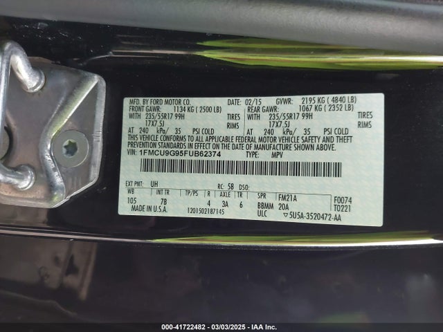 Ford ESCAPE SE 2015 1FMCU9G95FUB62374 Image 9