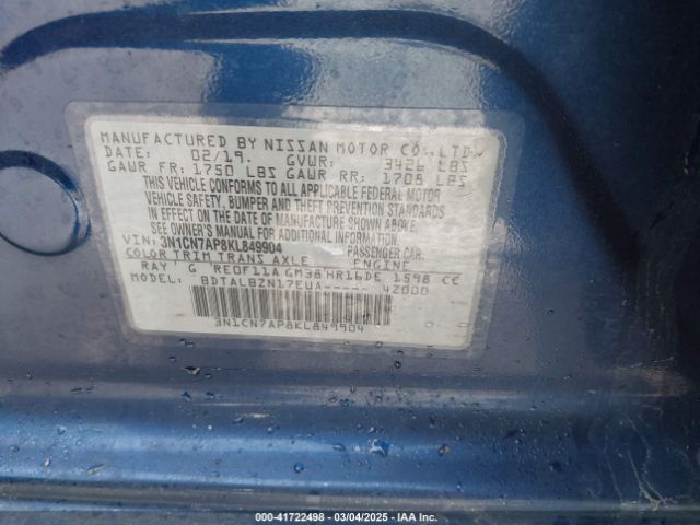 3N1CN7AP8KL849904 Nissan Versa 1.6 Sv