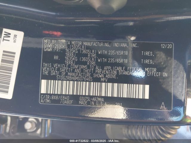 5TDGZRBH6MS076465 Toyota Highlander Xle