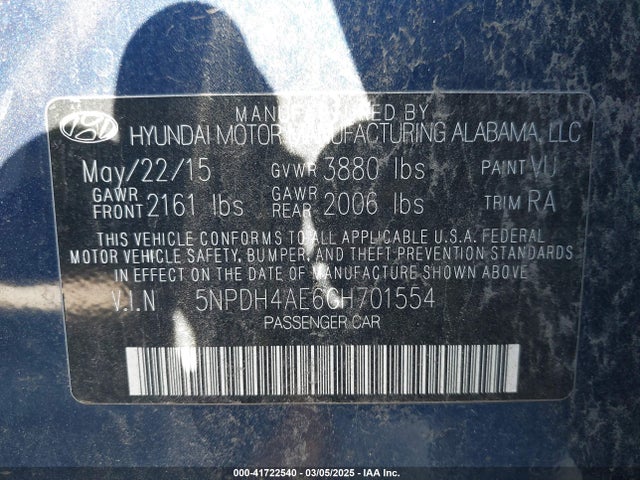 5NPDH4AE6GH701554 Hyundai ELANTRA SE