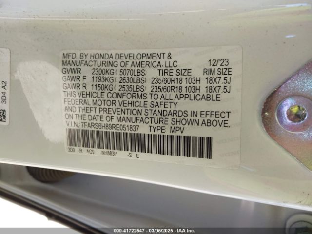7FARS6H89RE051837 Honda Cr-v Hybrid Sport-l