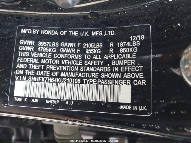 SHHFK7H64KU210108 Honda CIVIC EX
