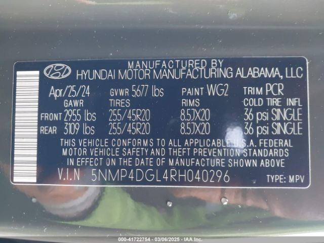 5NMP4DGL4RH040296 Hyundai Santa Fe Limited