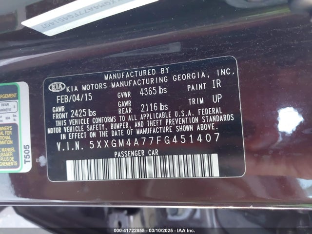 5XXGM4A77FG451407 KIA Optima Lx