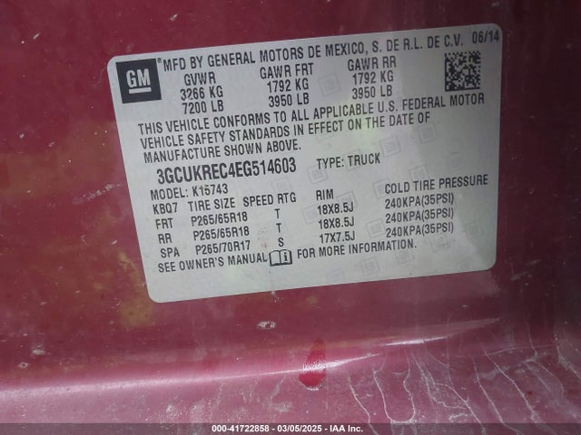 3GCUKREC4EG514603 Chevrolet Silverado 1500 2lt